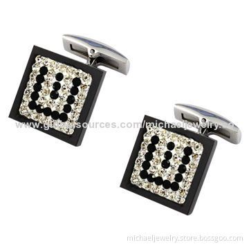 Stainless Steel Cufflinks with White and Black Crystal PP Stones